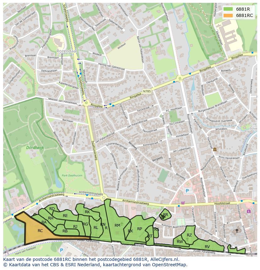 Afbeelding van het postcodegebied 6881 RC op de kaart.
