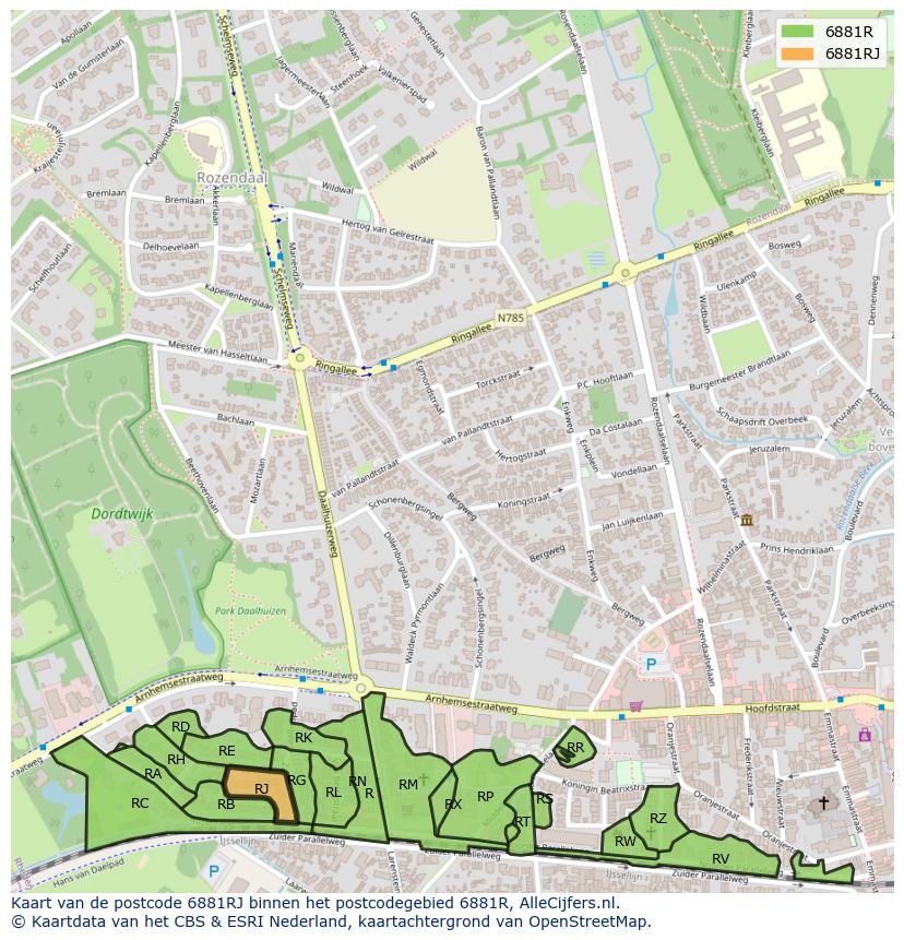 Afbeelding van het postcodegebied 6881 RJ op de kaart.