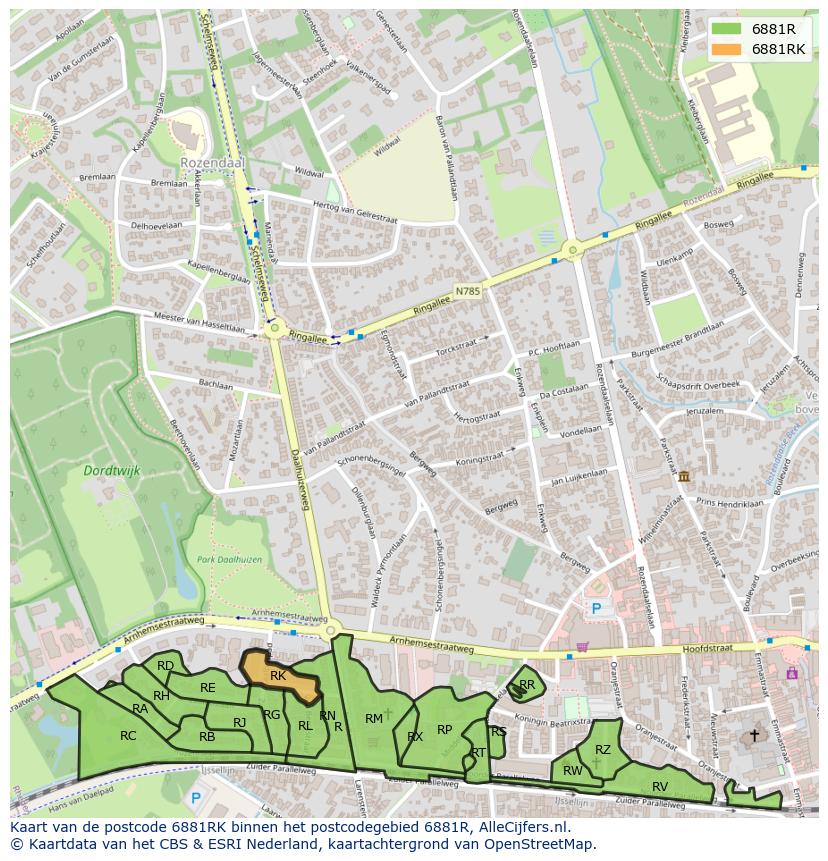 Afbeelding van het postcodegebied 6881 RK op de kaart.