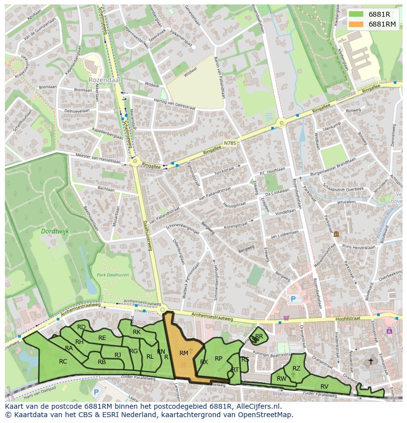 Afbeelding van het postcodegebied 6881 RM op de kaart.