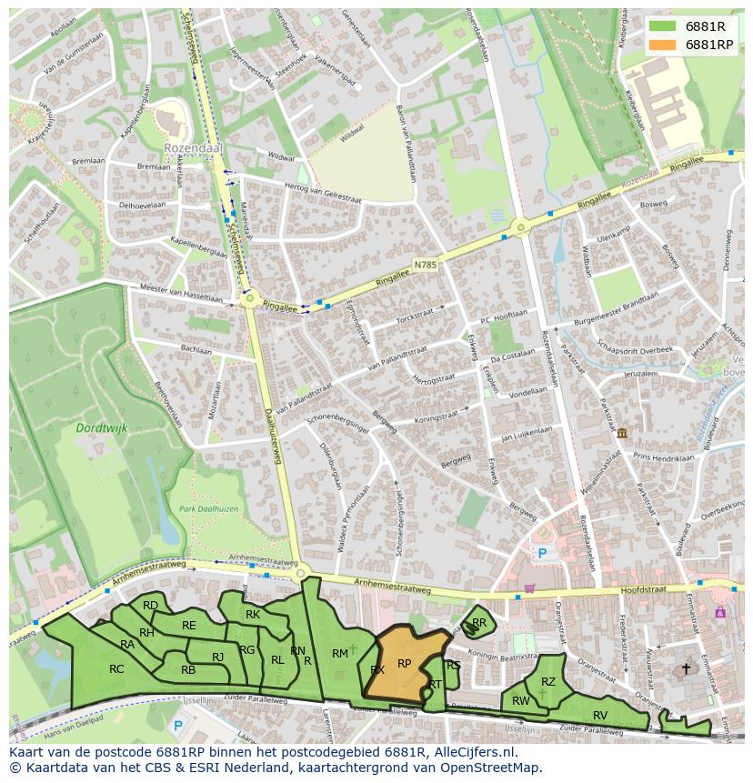 Afbeelding van het postcodegebied 6881 RP op de kaart.