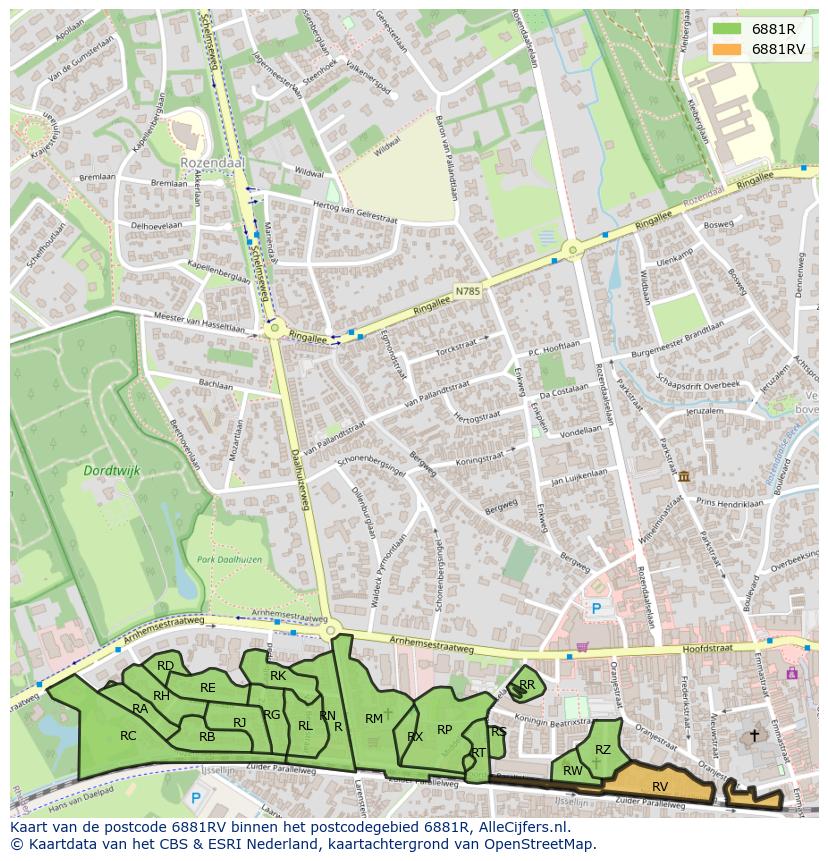 Afbeelding van het postcodegebied 6881 RV op de kaart.