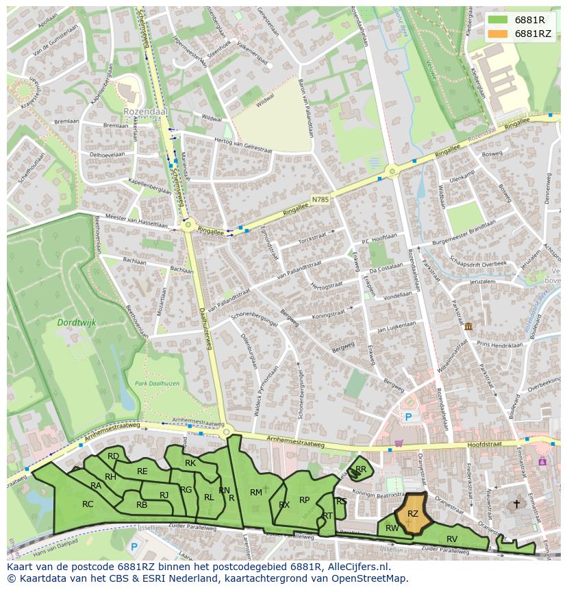 Afbeelding van het postcodegebied 6881 RZ op de kaart.