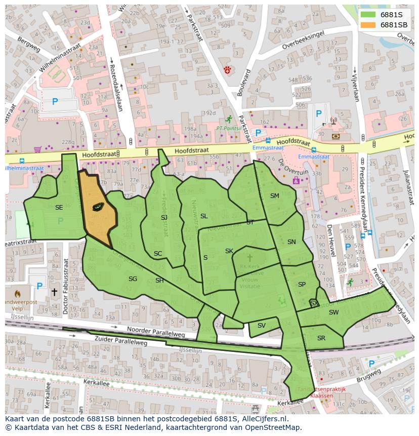 Afbeelding van het postcodegebied 6881 SB op de kaart.
