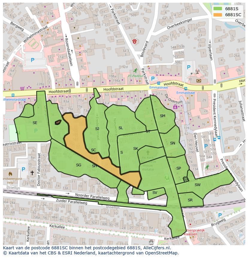 Afbeelding van het postcodegebied 6881 SC op de kaart.