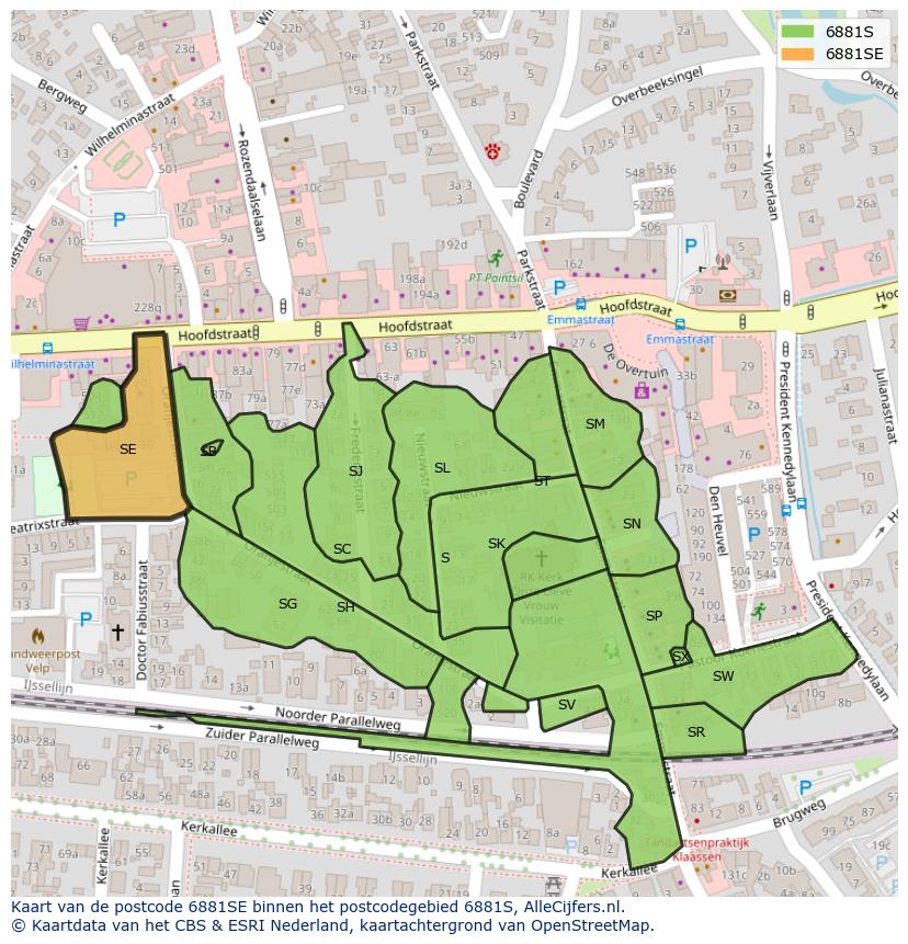 Afbeelding van het postcodegebied 6881 SE op de kaart.