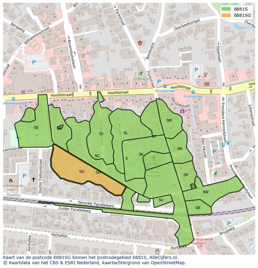 Afbeelding van het postcodegebied 6881 SG op de kaart.