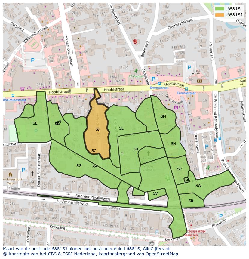 Afbeelding van het postcodegebied 6881 SJ op de kaart.