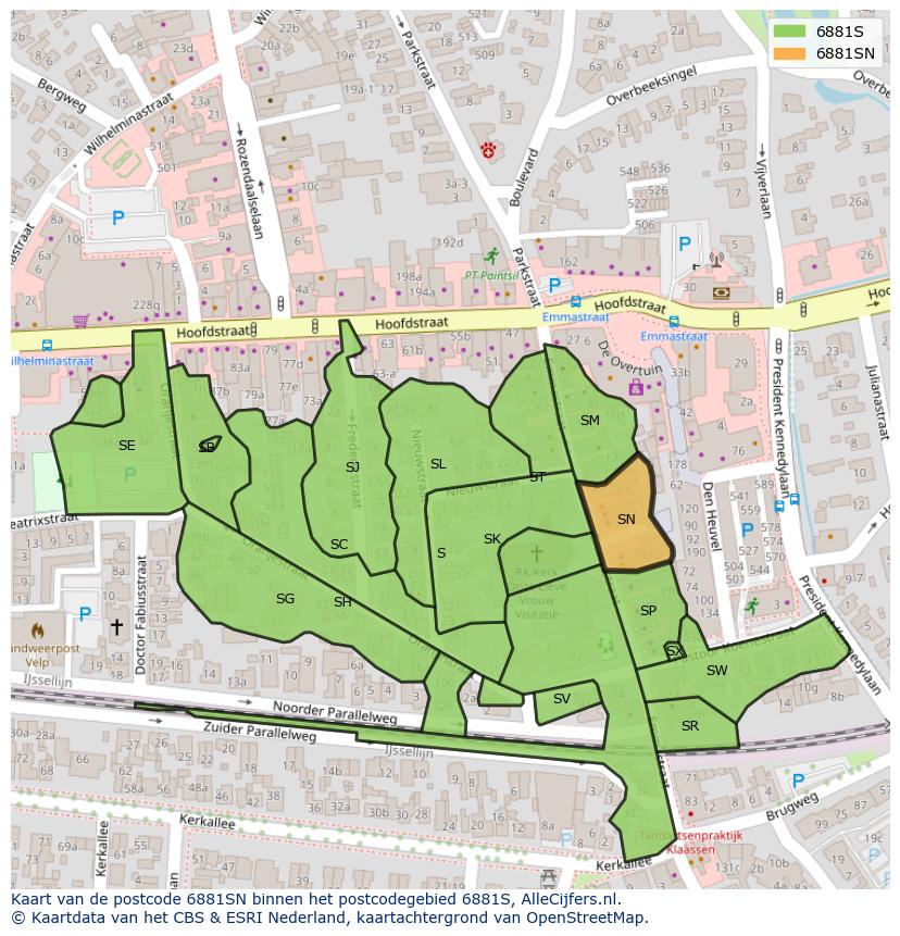 Afbeelding van het postcodegebied 6881 SN op de kaart.
