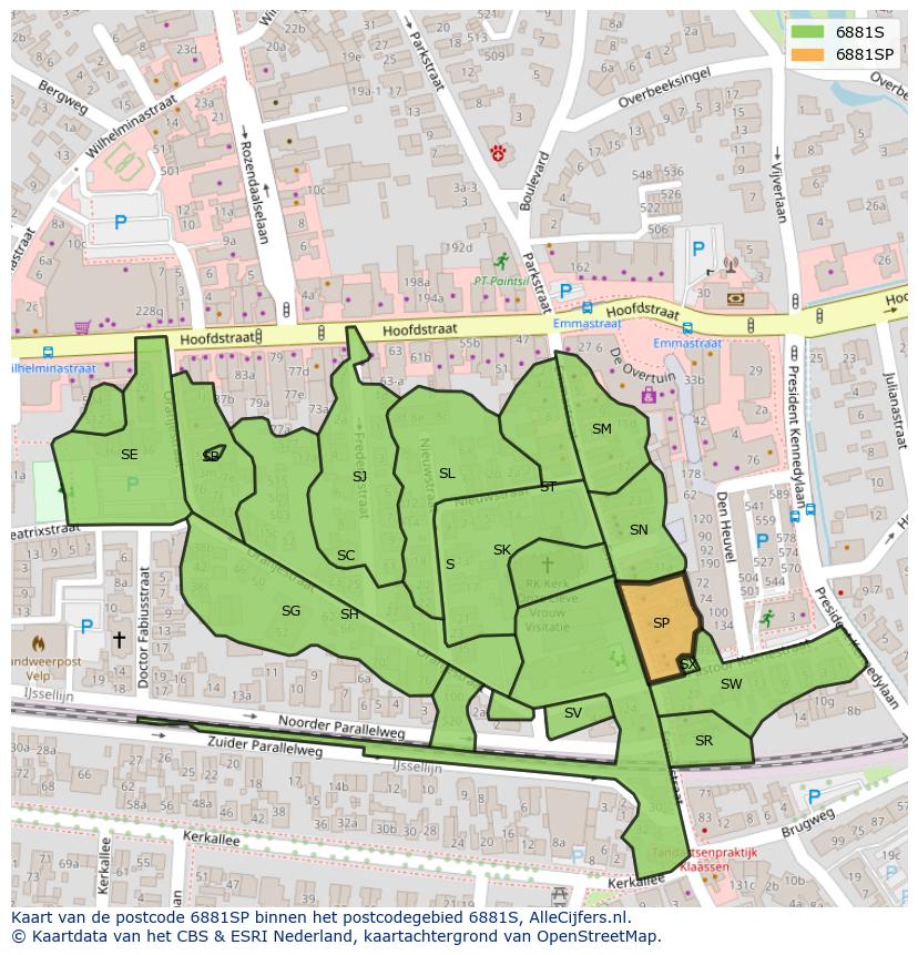 Afbeelding van het postcodegebied 6881 SP op de kaart.