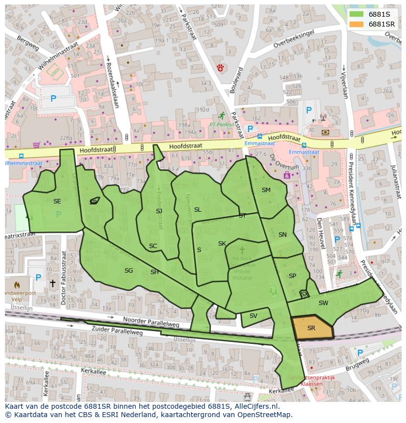 Afbeelding van het postcodegebied 6881 SR op de kaart.