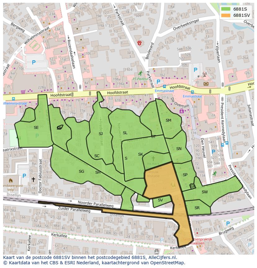 Afbeelding van het postcodegebied 6881 SV op de kaart.