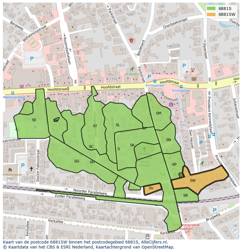 Afbeelding van het postcodegebied 6881 SW op de kaart.