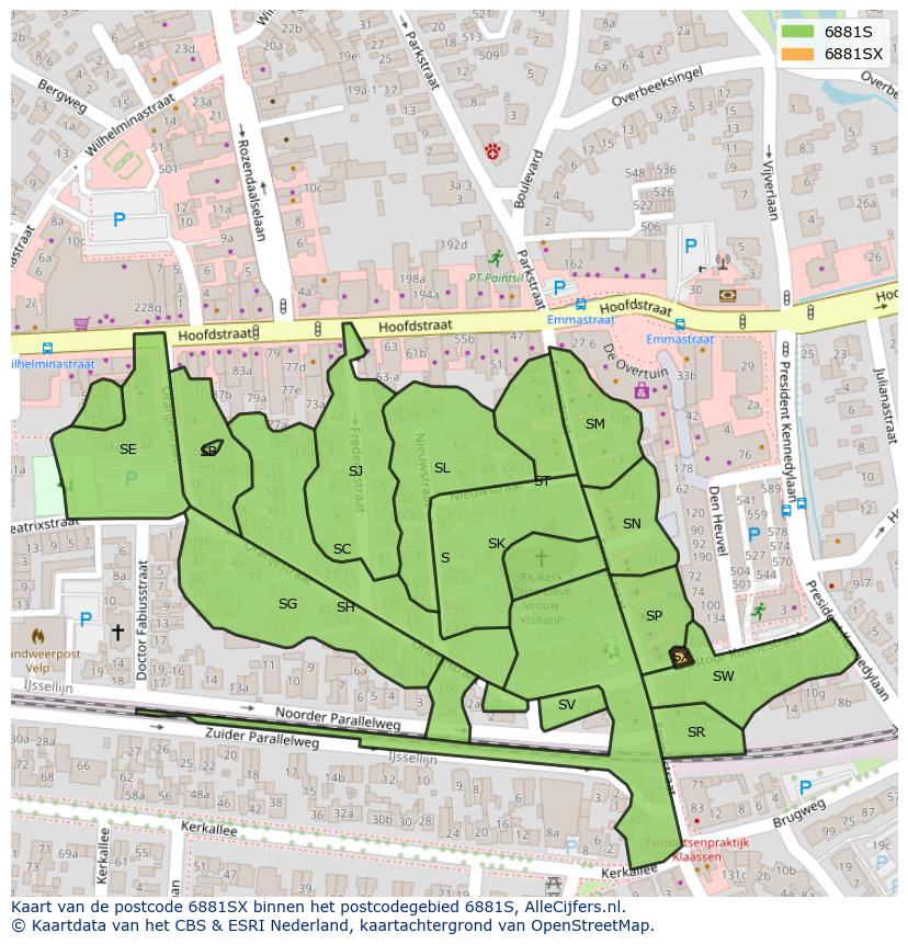Afbeelding van het postcodegebied 6881 SX op de kaart.