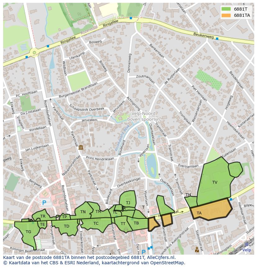 Afbeelding van het postcodegebied 6881 TA op de kaart.