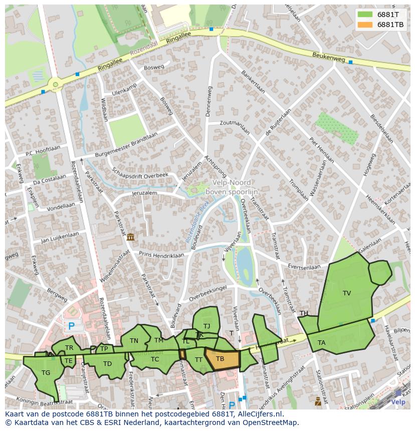 Afbeelding van het postcodegebied 6881 TB op de kaart.