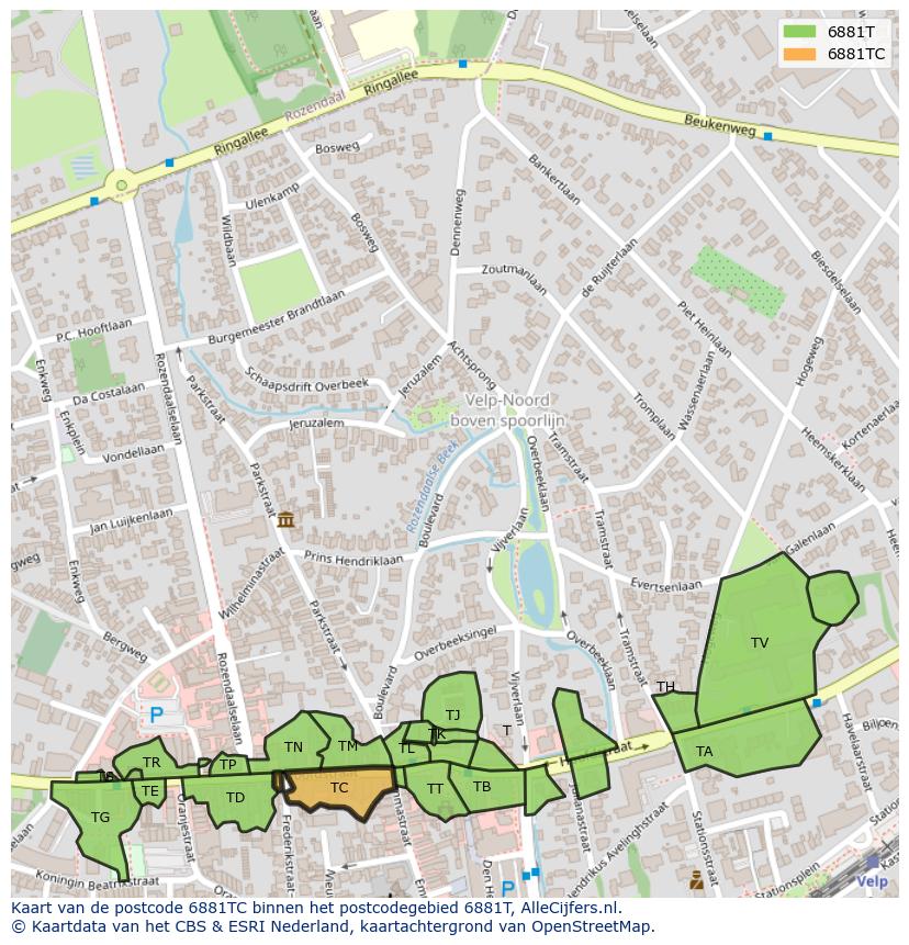 Afbeelding van het postcodegebied 6881 TC op de kaart.