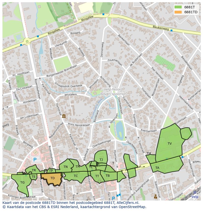 Afbeelding van het postcodegebied 6881 TD op de kaart.