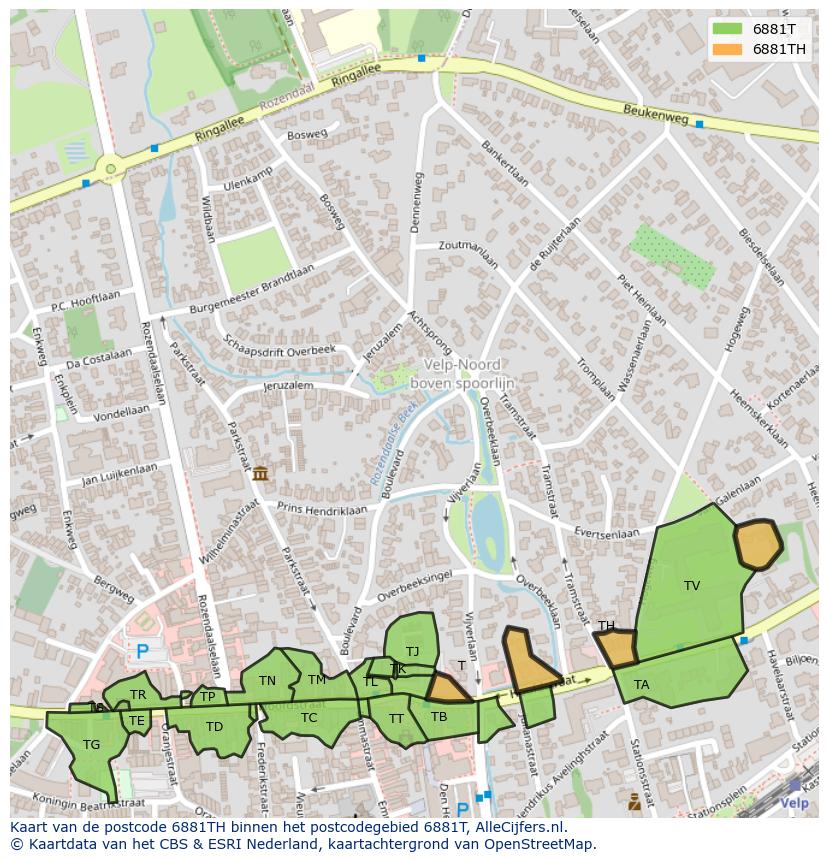 Afbeelding van het postcodegebied 6881 TH op de kaart.