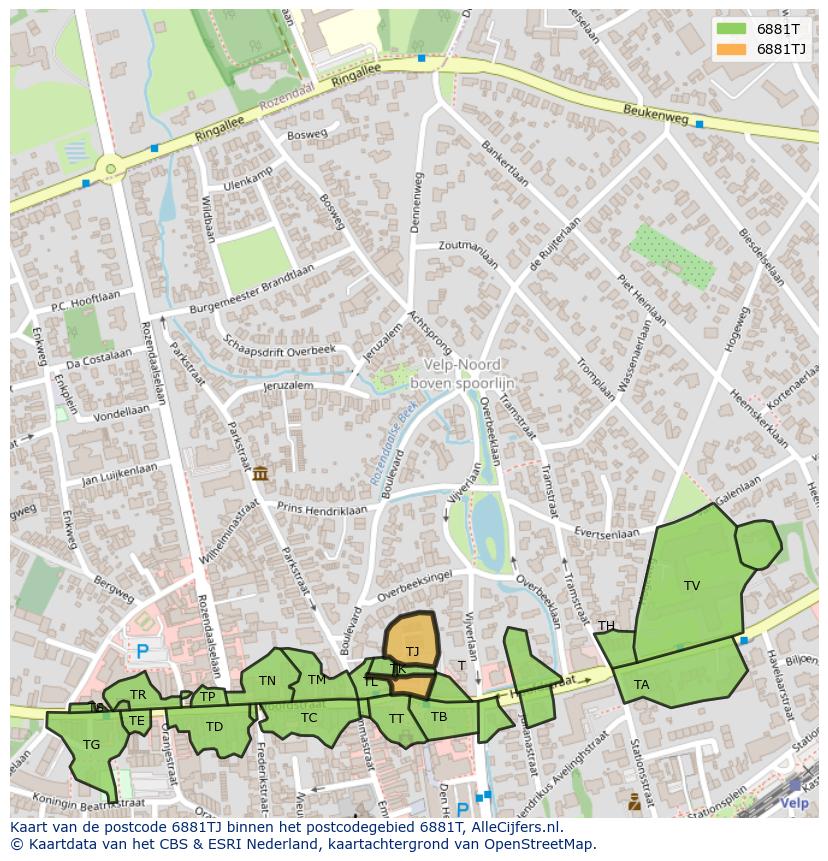 Afbeelding van het postcodegebied 6881 TJ op de kaart.