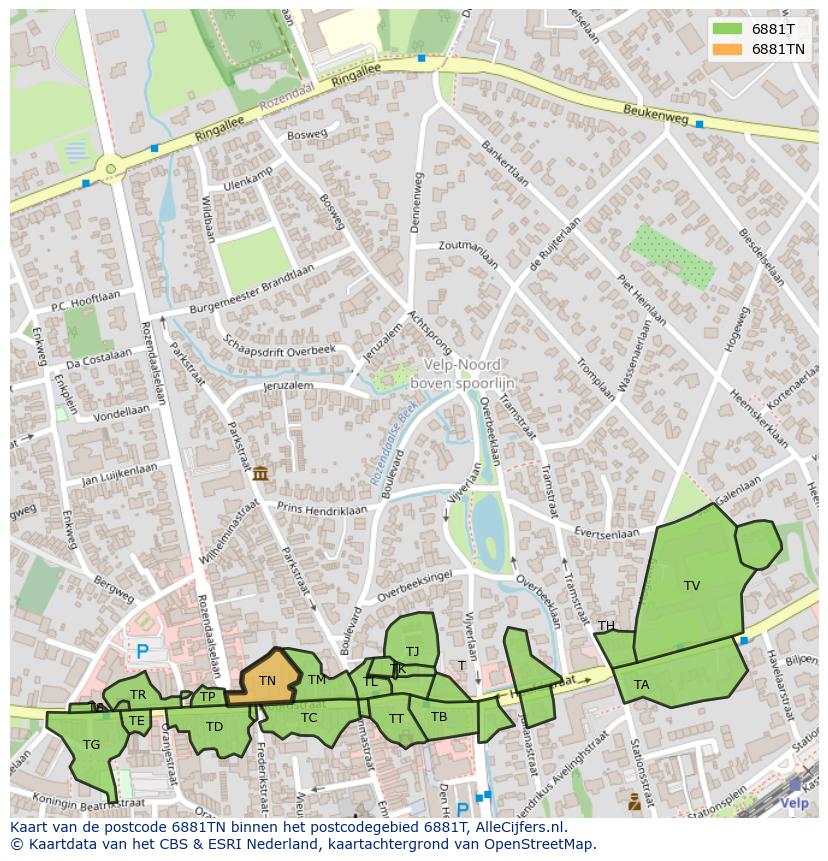 Afbeelding van het postcodegebied 6881 TN op de kaart.