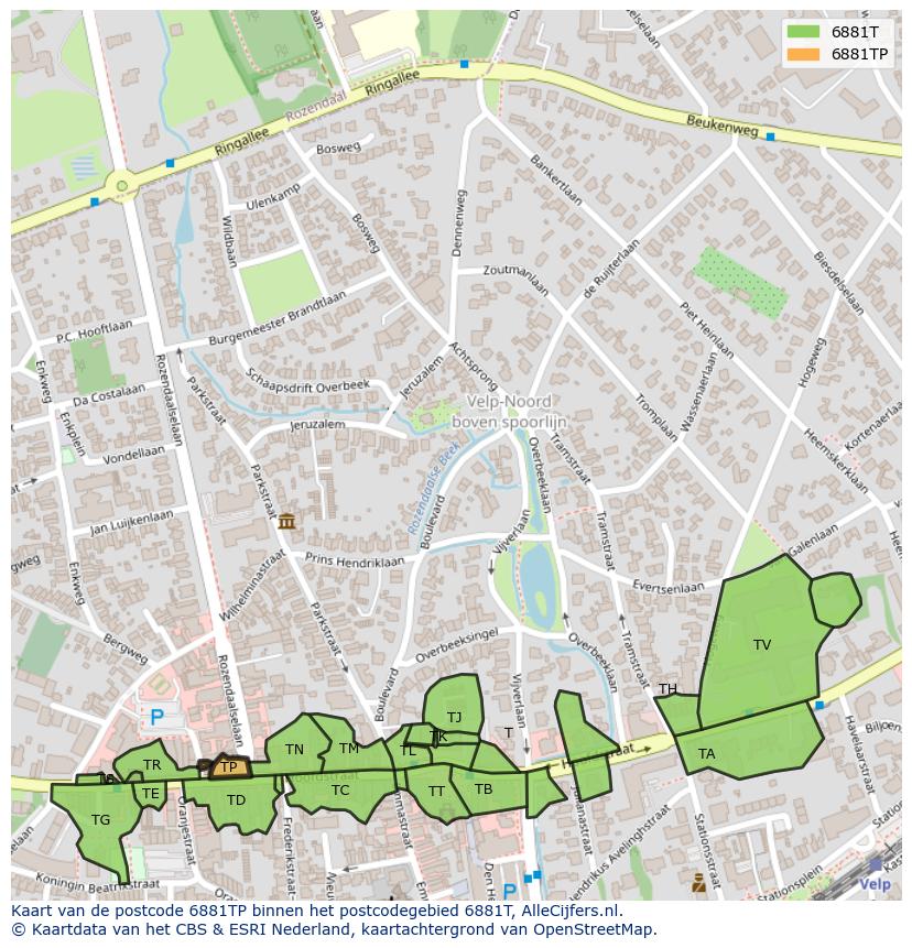 Afbeelding van het postcodegebied 6881 TP op de kaart.