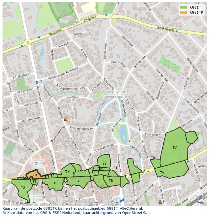 Afbeelding van het postcodegebied 6881 TR op de kaart.