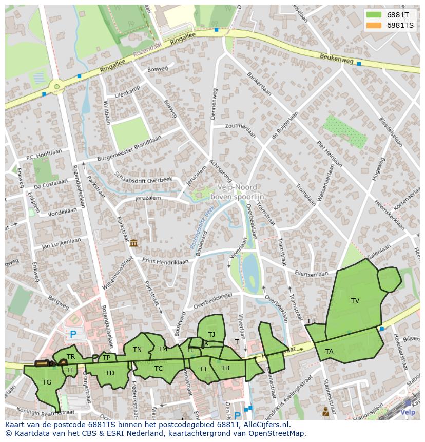 Afbeelding van het postcodegebied 6881 TS op de kaart.