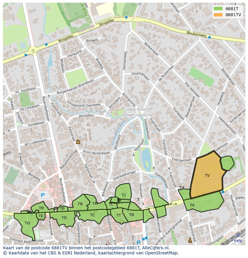 Afbeelding van het postcodegebied 6881 TV op de kaart.