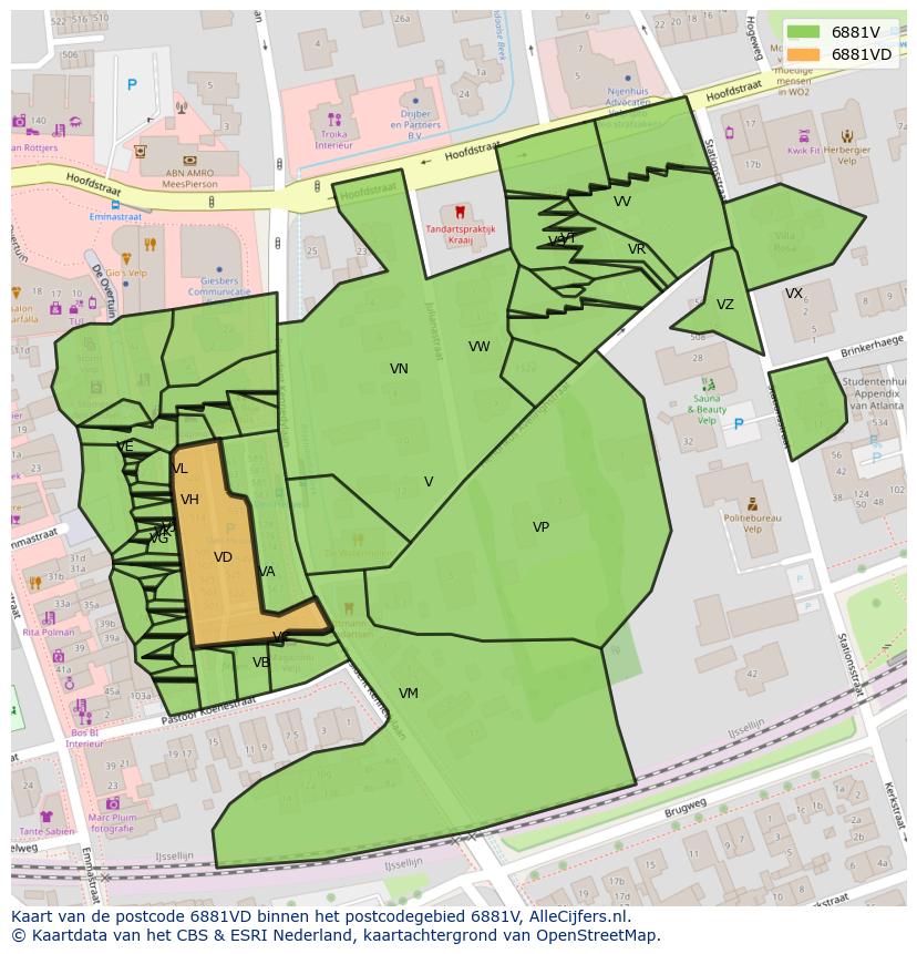 Afbeelding van het postcodegebied 6881 VD op de kaart.