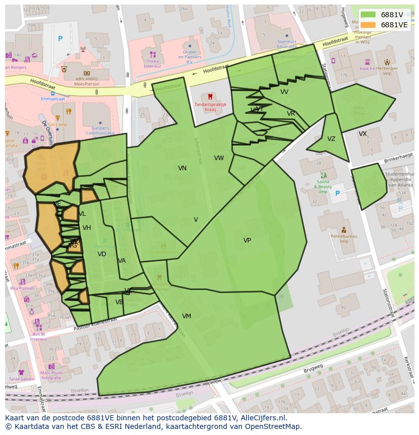 Afbeelding van het postcodegebied 6881 VE op de kaart.