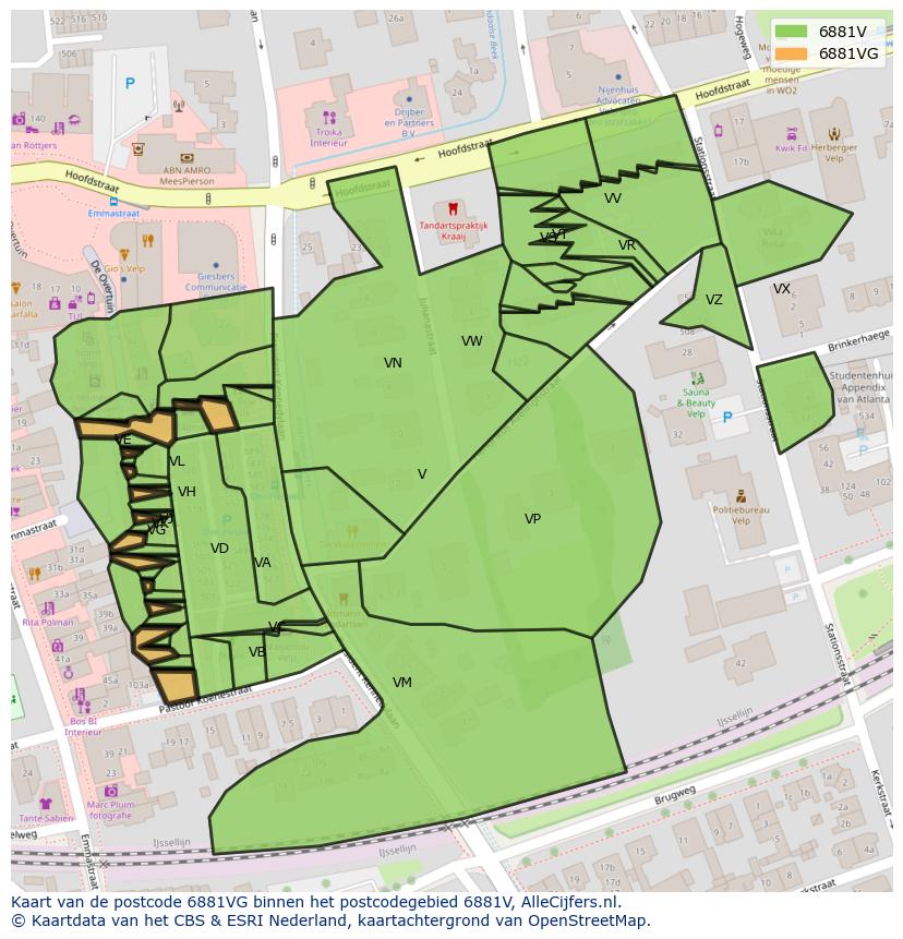 Afbeelding van het postcodegebied 6881 VG op de kaart.