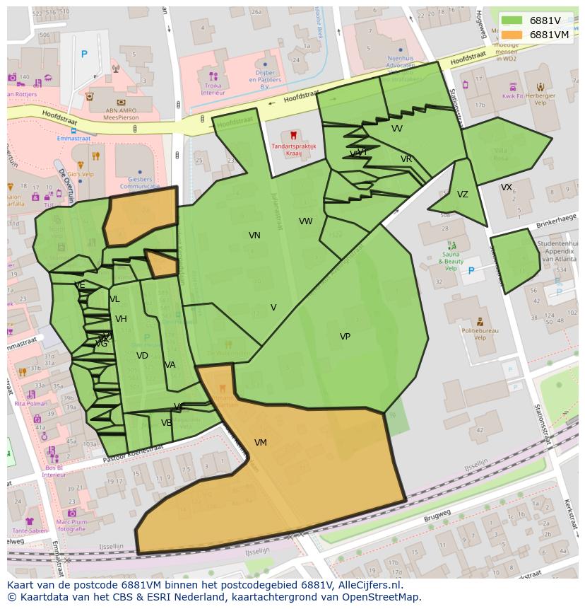Afbeelding van het postcodegebied 6881 VM op de kaart.