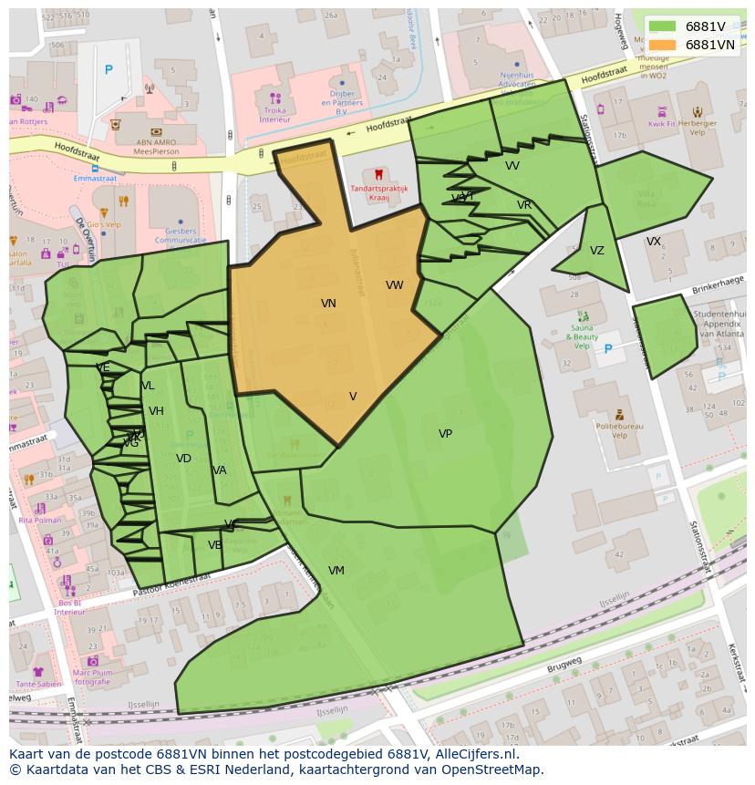 Afbeelding van het postcodegebied 6881 VN op de kaart.