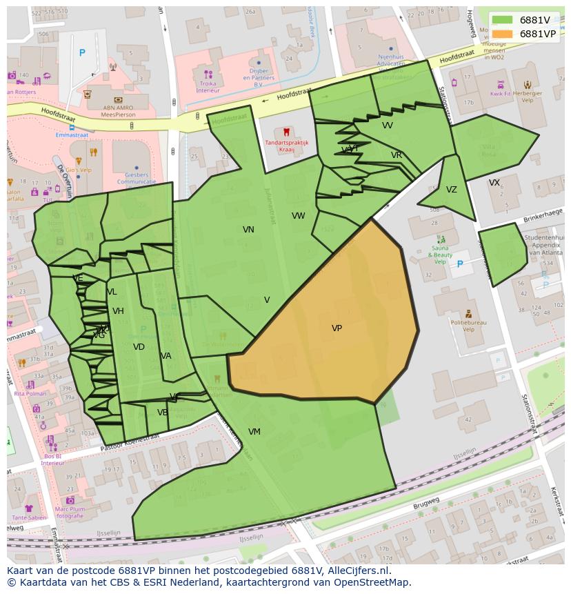Afbeelding van het postcodegebied 6881 VP op de kaart.