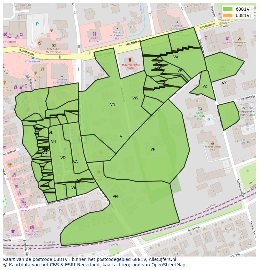 Afbeelding van het postcodegebied 6881 VT op de kaart.