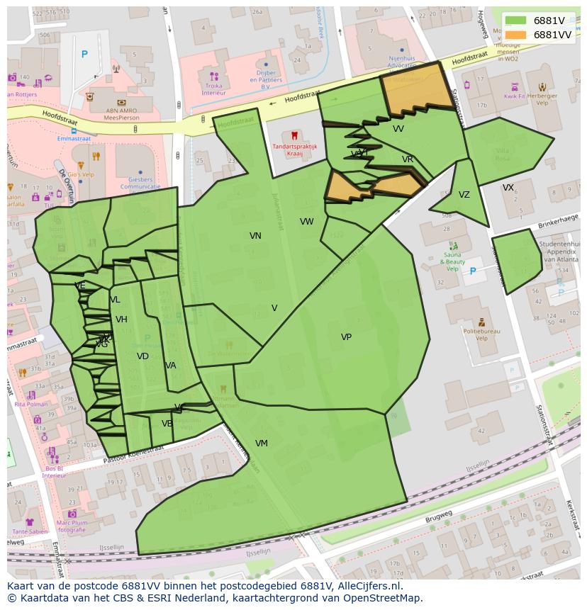 Afbeelding van het postcodegebied 6881 VV op de kaart.