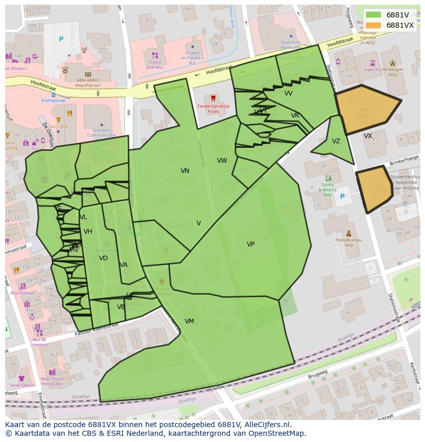 Afbeelding van het postcodegebied 6881 VX op de kaart.