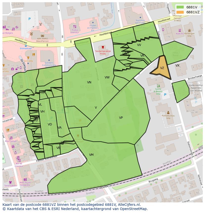Afbeelding van het postcodegebied 6881 VZ op de kaart.