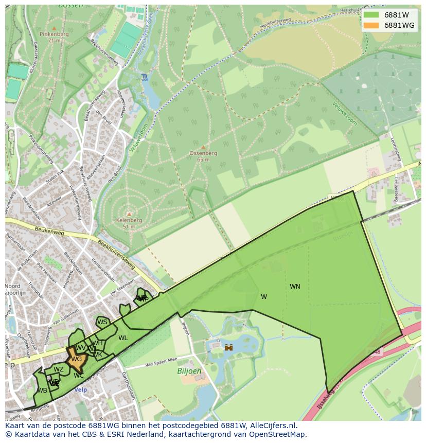 Afbeelding van het postcodegebied 6881 WG op de kaart.