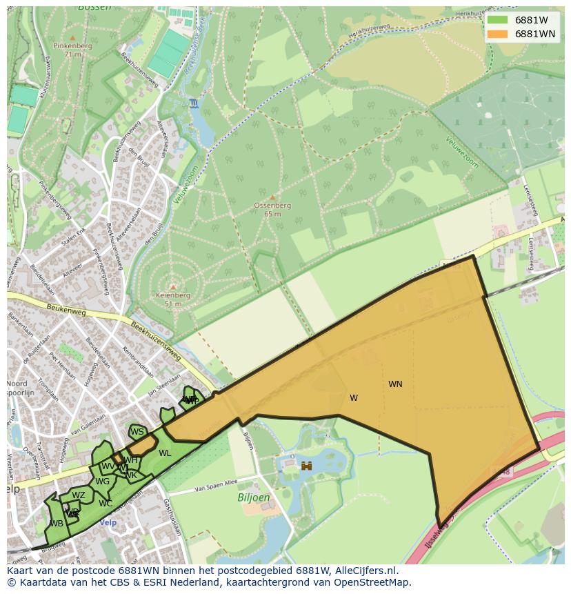 Afbeelding van het postcodegebied 6881 WN op de kaart.