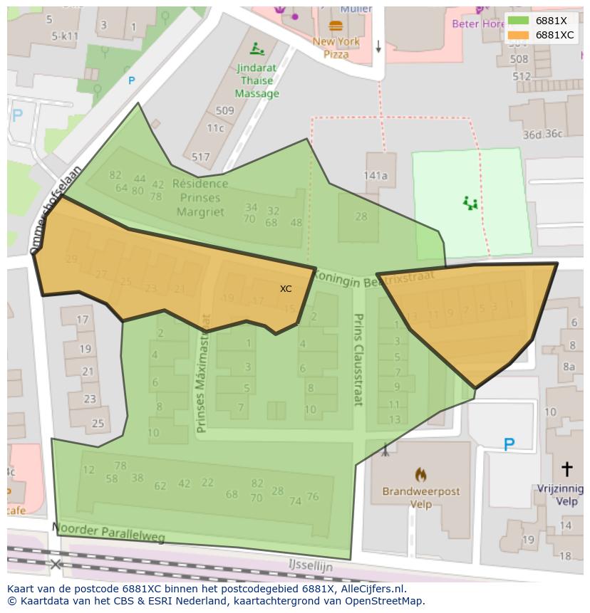 Afbeelding van het postcodegebied 6881 XC op de kaart.
