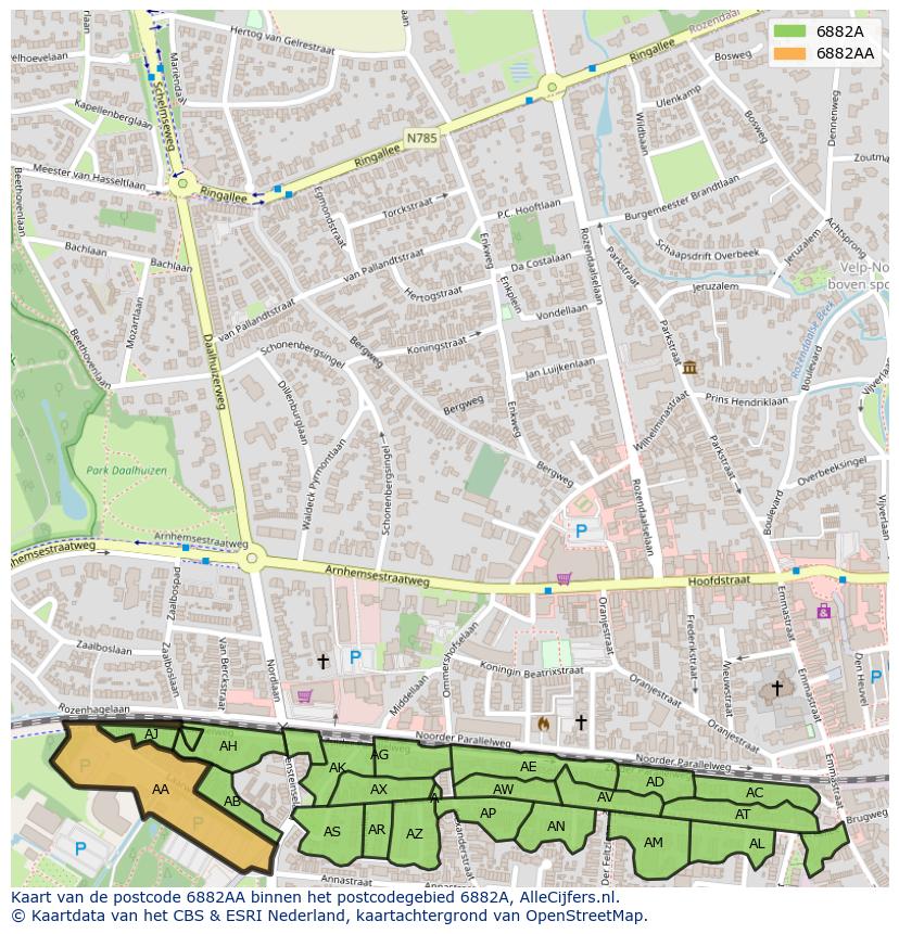 Afbeelding van het postcodegebied 6882 AA op de kaart.