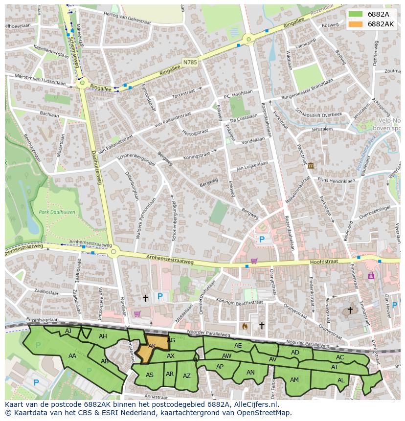 Afbeelding van het postcodegebied 6882 AK op de kaart.