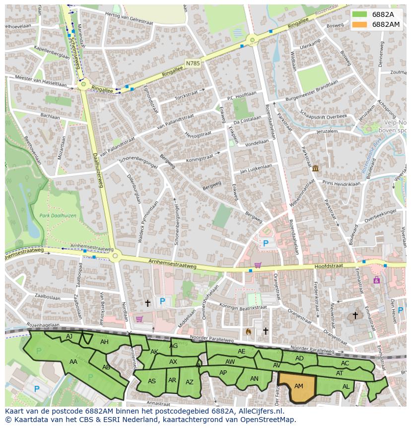 Afbeelding van het postcodegebied 6882 AM op de kaart.