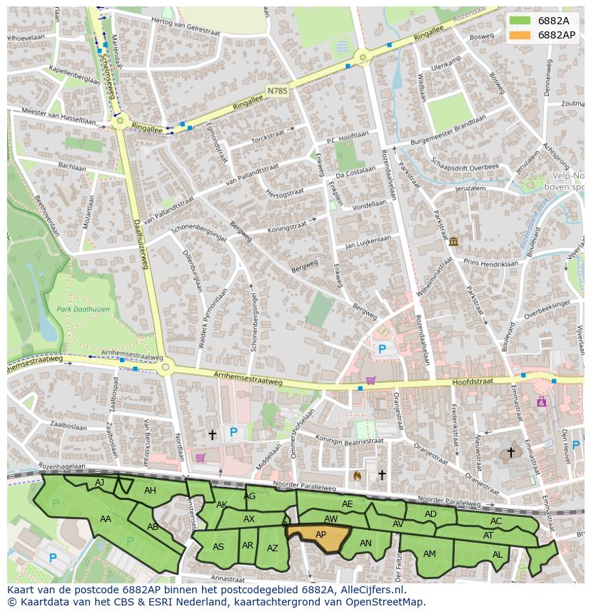 Afbeelding van het postcodegebied 6882 AP op de kaart.