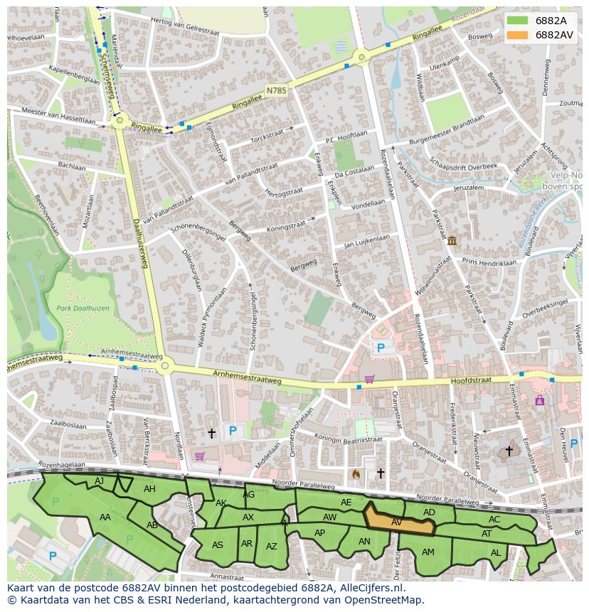 Afbeelding van het postcodegebied 6882 AV op de kaart.