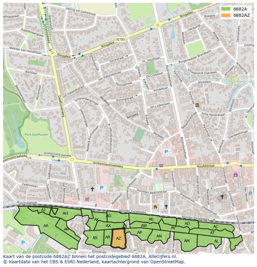 Afbeelding van het postcodegebied 6882 AZ op de kaart.