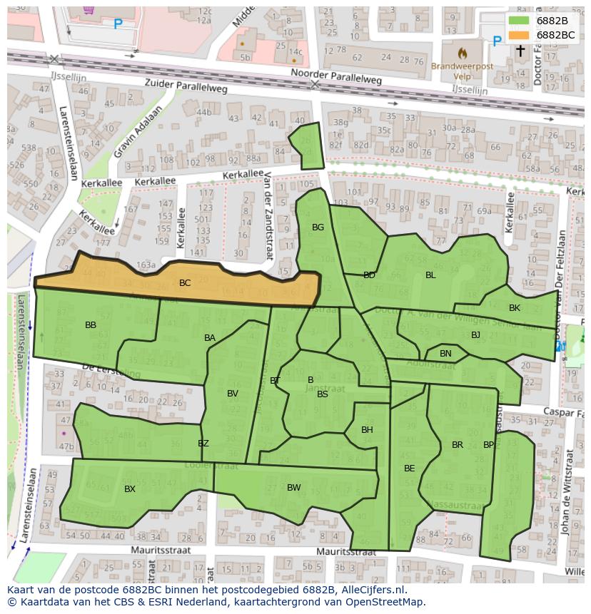 Afbeelding van het postcodegebied 6882 BC op de kaart.