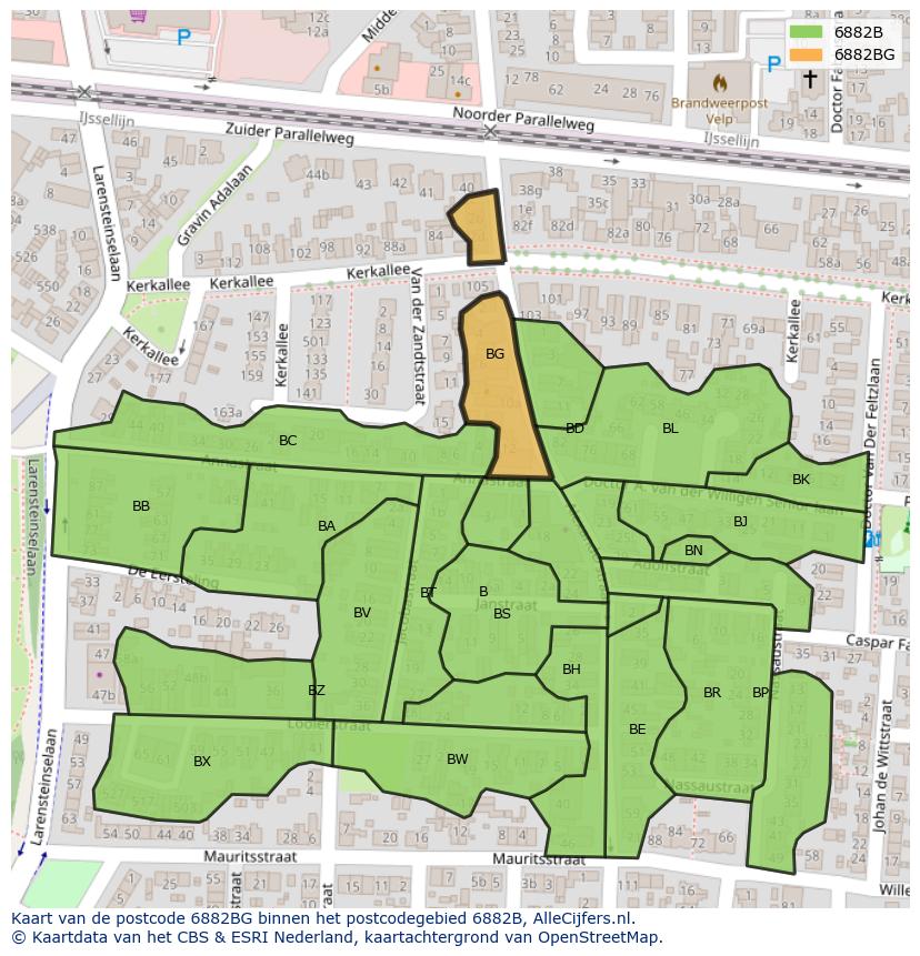 Afbeelding van het postcodegebied 6882 BG op de kaart.